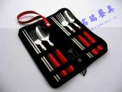 红色塑胶柄叉勺筷餐具六件套
