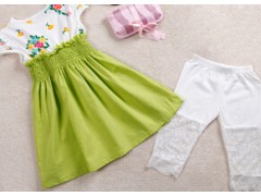 童裙套装 夏季纯棉印花纯色蝴蝶结连衣裙二件套 广东品质童装